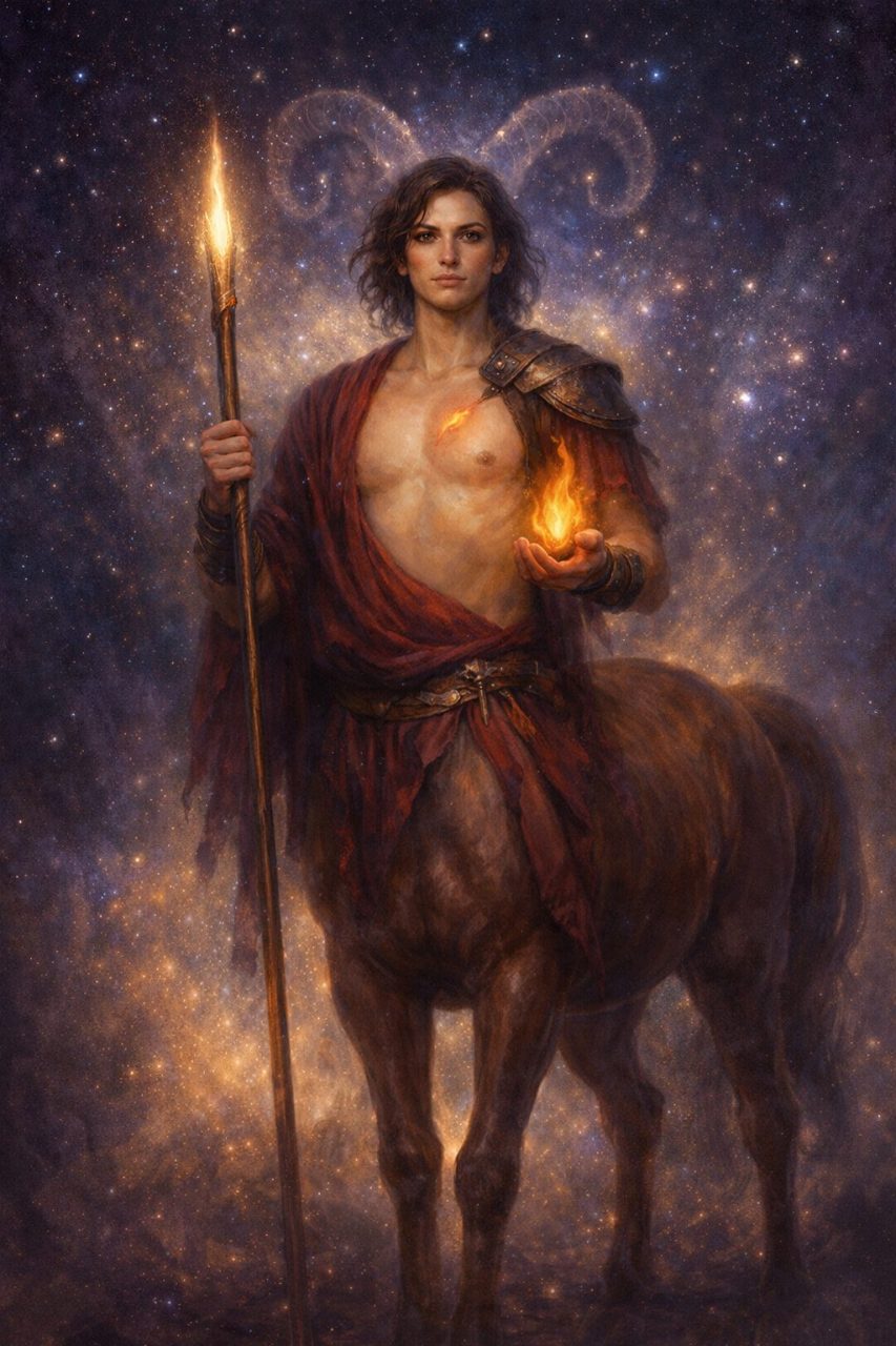 Chiron_ cosmic guardian with fiery staff